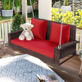 GO 2-Person Wicker Hanging Porch Swing with Chains, Cushion, Pillow, Rattan Swing Bench for Garden, Backyard, Pond. (Brown Wicker, Red Cushion)