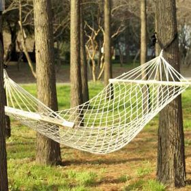 Outdoor Wood Pole Cotton Rope Hammock Garden Patio Yard Hanging Sleep Bed