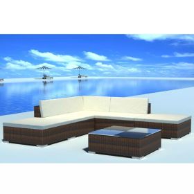 6 Piece Patio Lounge Set with Cushions Poly Rattan Brown (Color: Brown)