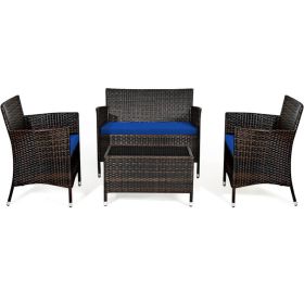 4 Pieces Comfortable Outdoor Rattan Sofa Set with Table (Color: Navy)