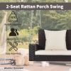 2-Person Wicker Hanging Porch Swing with Chains; Cushion; Pillow; Rattan Swing Bench for Garden; Backyard; Pond. (Brown Wicker; Beige Cushion)