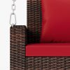 2-Person Wicker Hanging Porch Swing with Chains; Cushion; Pillow; Rattan Swing Bench for Garden; Backyard; Pond. (Brown Wicker; Beige Cushion)