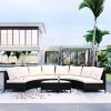 5 Pieces All-Weather Brown PE Rattan Wicker Sofa Set Outdoor Patio Sectional Furniture Set Half-Moon Sofa Set with Tempered Glass Table